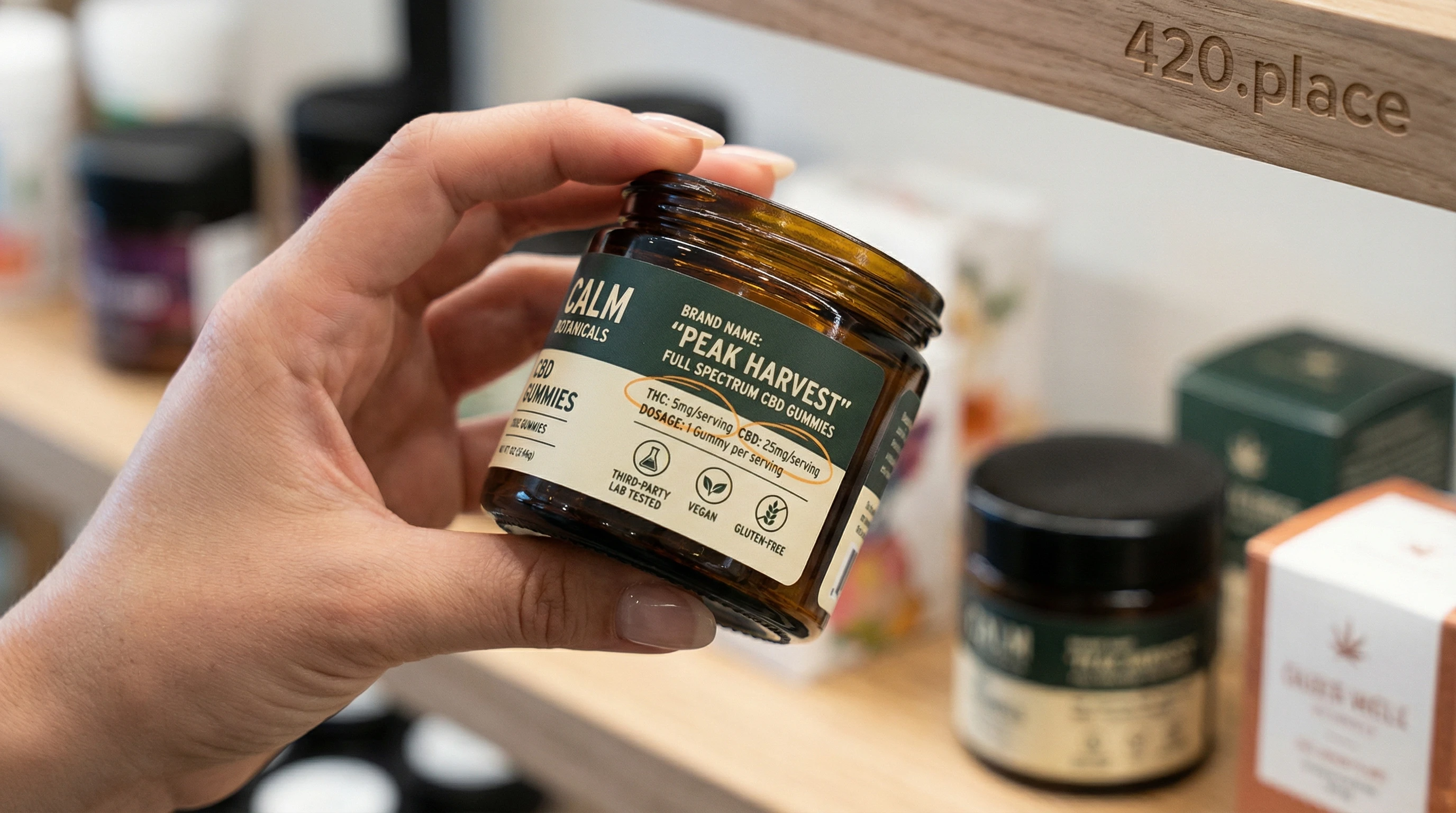 Cannabis product label with arrows pointing to THC/CBD values.