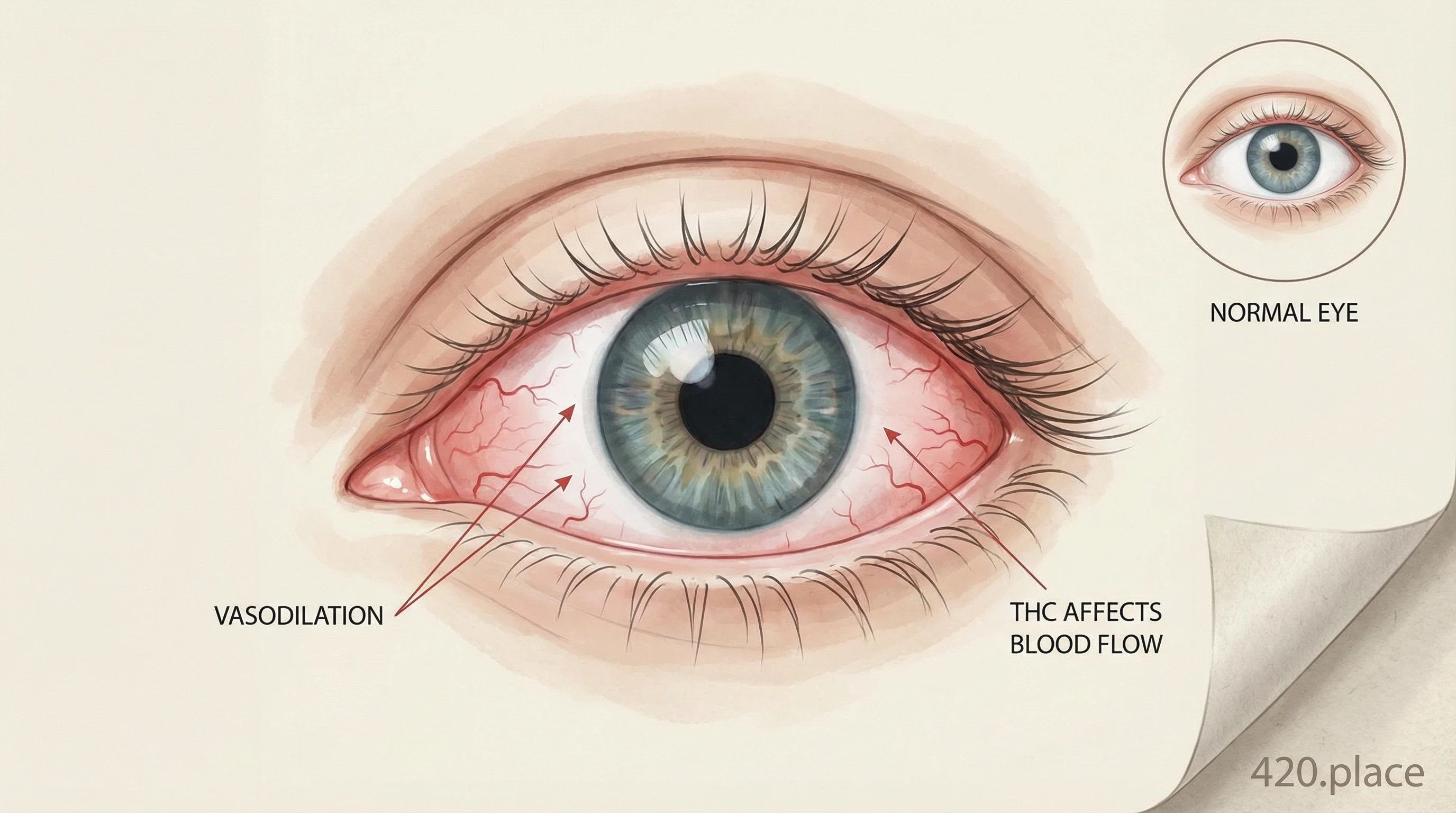 Eye diagram showing blood vessel dilation.